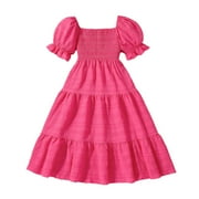 LUOGENLI Dress for Girls Girls Summer Dress Tween Boho Casual Smocked Swing Flowy Ruffle Midi Dresses with Pockets Girls Easter Dresses Size 5 Fall 6-7 Years